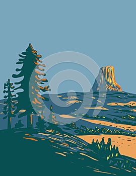 Devils Tower National Monument Wyoming During Summer WPA Poster Art