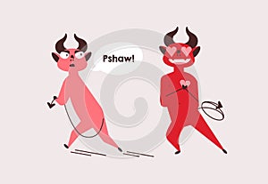 Devils unrequited love flat vector illustration. Strong affection, friend zone, obsession concept. Red demon neglecting