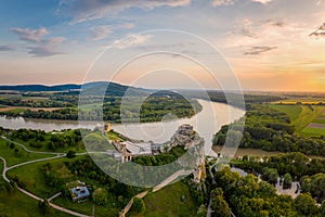 Devin Castle above the river Danube at sunset or sunrise