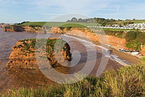 Devon coast Ladram Bay England UK with red sandstone rock stack located between Budleigh Salterton and Sidmouth