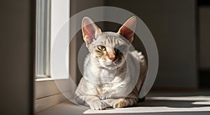 Devon Rex Cat Bathed in Sunlight by Window
