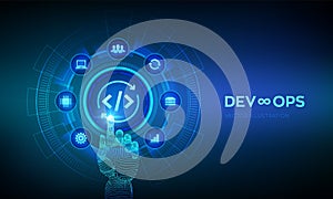 Devops. Agile development and optimisation concept on virtual screen. Software engineering. Software development practices