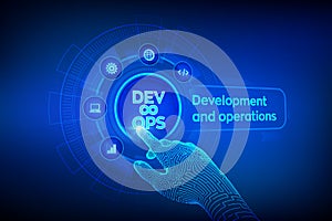 Devops. Agile development and optimisation concept on virtual screen. Software engineering. Software development practices