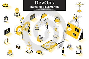 DevOps bundle of isometric elements. Startup launch, software development, deployment and testing, automation and programming