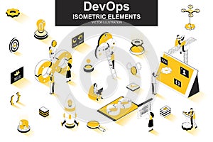 DevOps bundle of isometric elements. Startup launch, software development, deployment and testing, automation and programming