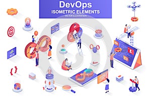 DevOps bundle of isometric elements. Startup launch, software development, deployment and testing, automation and