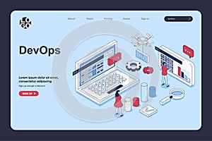 DevOps concept in 3d isometric design for landing page template. People implementing agile processes and automations on