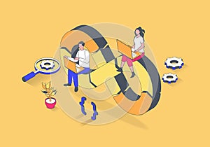 DevOps concept in 3d isometric design. Manager makes administration of development operations, programmer and engineer teams