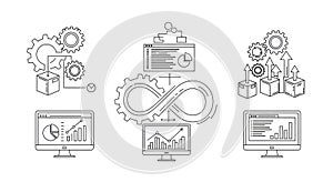 DevOps concept illustration with gears, infinity loop, and charts