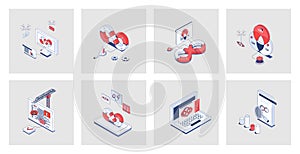 DevOps concept of isometric icons in 3d isometry design for web.