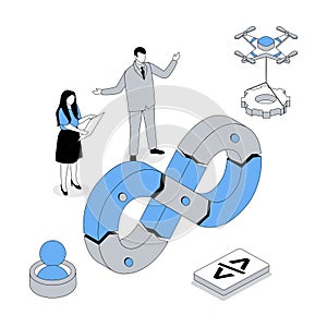 DevOps 3d isometric concept with isometry people design for web. Team programming and working, using agile coding operation and