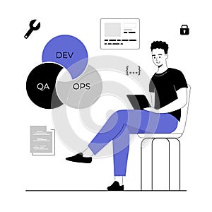 DevOps developer concept. Programmer working on software development, operations process, technical support, automation process.