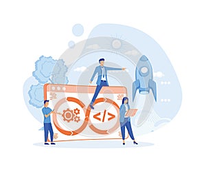 DevOps developers characters, software delivery automation process concept.