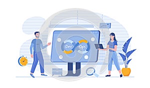 DevOps developers work with automation process in shape of infinity sign. Software development. Vector