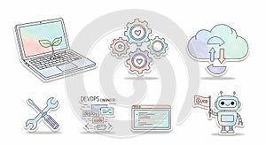 DevOps icons with laptop and cloud illustration