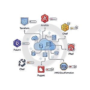 DevOps Infrastructure as Code Tools Diagram Terraform Ansible Chef Pulumi Puppet and AWS CloudFormation Workflow Flat style 2D ill