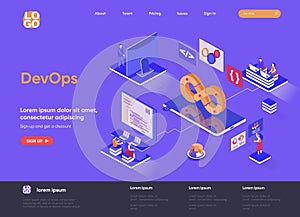 DevOps isometric landing page. Development operations, administration and monitoring isometry concept. Programming and engineering