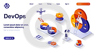 DevOps isometric landing page. Development operations isometry concept. Developers team works, configures, monitors processes 3d