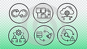 DevOps process automation icons set. Software development continuous delivery pipeline. IT infrastructure deployment monitoring