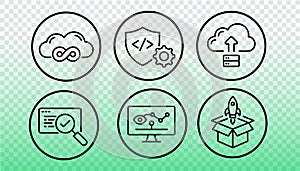 DevOps process automation icons set. Software development continuous delivery pipeline. IT infrastructure deployment monitoring