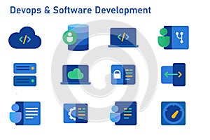 Devops software development icon set coding programming cloud computing server repository