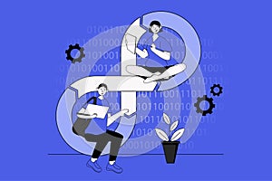 Devops web concept with character scene in flat design.