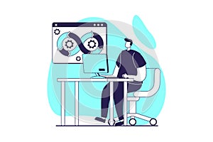 DevOps web concept with flat people for website design. Man working with management and code engineering agile workflow cycles