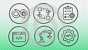 DevOps workflow icons set. Development operations process automation cycle. Technology software engineering release pipeline