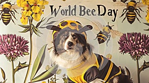 A devoted dog in a bee outfit pays homage to pollinators amidst illustrated blooms for World Bee Day photo