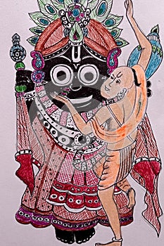 Devotee Sri Chaitanyadev is weeping while embracing Lord Jagannath Dev with devotion