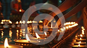 Devotees Lighting Candles for Vesak. In the warm glow of candlelight, devotees are seen lighting oil lamps during Vesak