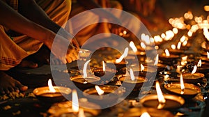 Devotees Lighting Candles for Vesak. In the warm glow of candlelight, devotees are seen lighting oil lamps during Vesak