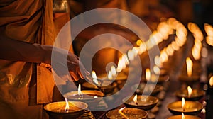 Devotees Lighting Candles for Vesak. In the warm glow of candlelight, devotees are seen lighting oil lamps during Vesak photo
