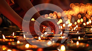 Devotees Lighting Candles for Vesak. In the warm glow of candlelight, devotees are seen lighting oil lamps during Vesak photo