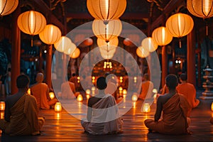 Devotees meditating in a lantern-lit hall during Buddha Purnima