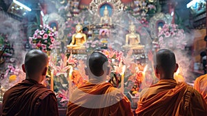 Devotees in meditation at temple interior. Worshipers in traditional attire engage in prayer before Buddha. Buddhist photo