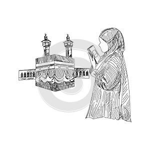 A devout female Muslim performing an Islamic prayer in Mecca. Hand drawn vector illustration