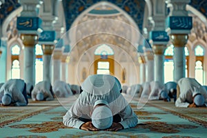 Devout Muslims in Sujood Inside an Ornate Mosque. Generative ai