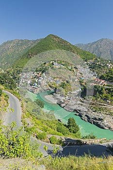 Devprayag, Godly Confluence,Garhwal,Uttarakhand, India. Here Alaknanda meets the Bhagirathi river and both rivers thereafter flow