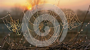 Dew-Adorned Spider Webs Glistening at Sunrise in the Countryside