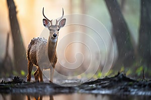dew-covered bushbuck at dawn in misty woods