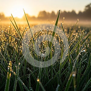 Dew-covered grass blades with sharp, pointed tips, glistening in the