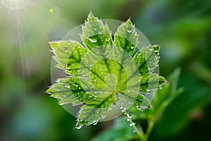 A dew covered green leaf glows, bringing a sense of tranquility and peace in nature