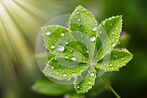 A dew covered green leaf glows, bringing a sense of tranquility and peace in nature