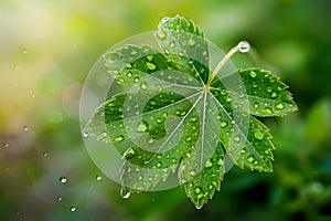 A dew covered green leaf glows, bringing a sense of tranquility and peace in nature