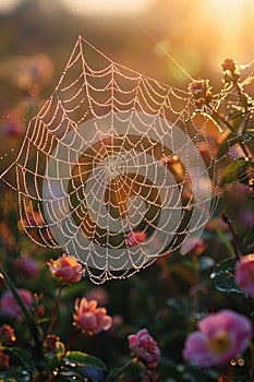 A dew-covered spider web in the early morning light