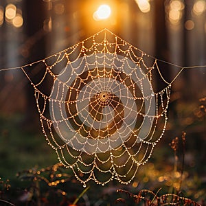 A dew-covered spider web in the early morning light