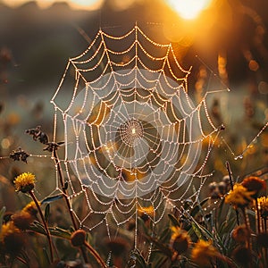 A dew-covered spider web in the early morning light