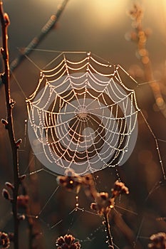 A dew-covered spider web in the early morning light