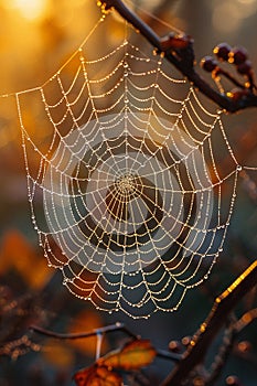 A dew-covered spider web in the early morning light